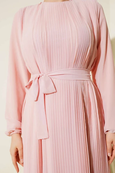 Sık Pileli Şifon Elbise Pudra - Resim 4