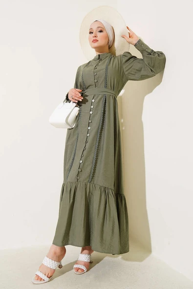 Etek Pileli Kuşaklı Elbise Haki