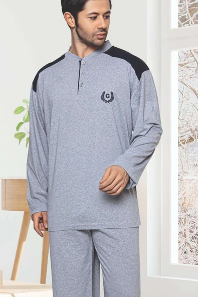 Garnili Uzun Kol Büyük Beden Pijama Takım Gri - Resim 2