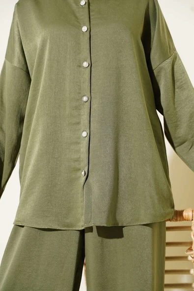 Taş Düğme Detaylı İkili Takım Haki - Resim 4