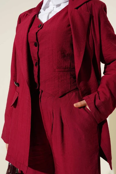 Omuz Vatkalı Ceketli Yelekli Üçlü Takım Bordo - Resim 4
