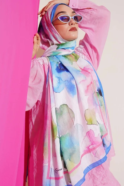 Çiçek Desenli Bambu Şal Açık Mavi ürün görseli 1