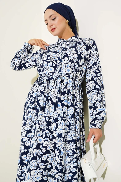 Hakim Yaka Bel Tünelli Desenli Elbise Lacivert - Resim 2