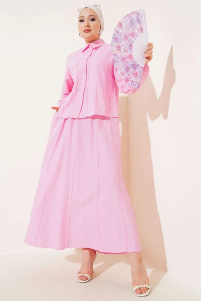 Önü Dikiş Detaylı Etekli İkili Takım Pembe - Resim 2