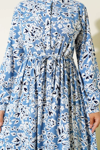 Hakim Yaka Bel Tünelli Desenli Elbise Mavi - Resim 4