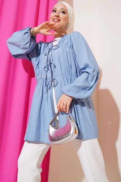Önü Büzgülü Bilekleri Lastikli Kimono Mavi ürün görseli 1