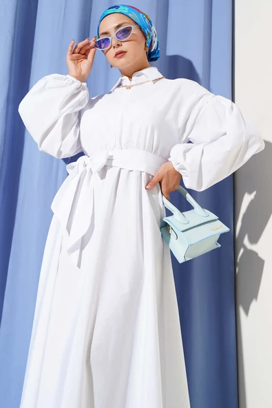 Yarım Fermuarlı Balon Kol Terikoton Elbise Beyaz - Resim 2