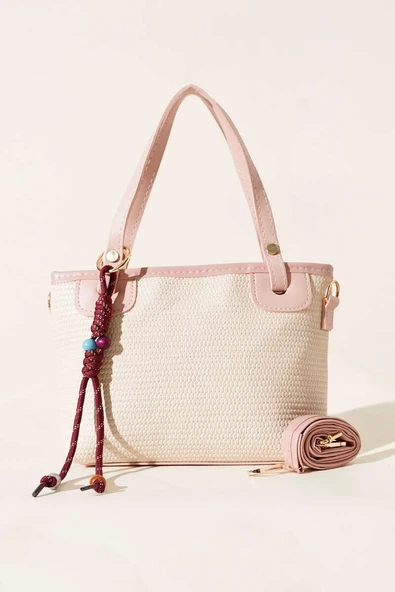 Bağcık Süs Detaylı Hasır Çanta Pudra - Resim 2