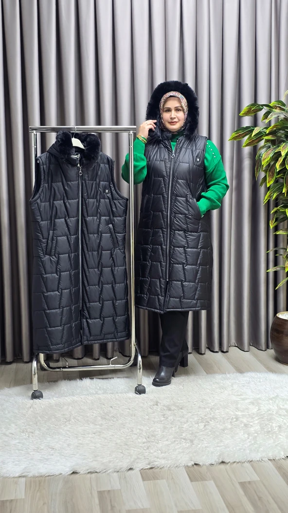 Kadın Tesettür Büyük Beden Kapüşonlu Fermuarlı Kürklü Piramit Desen Şişme Kapitone Yelek - Resim 3