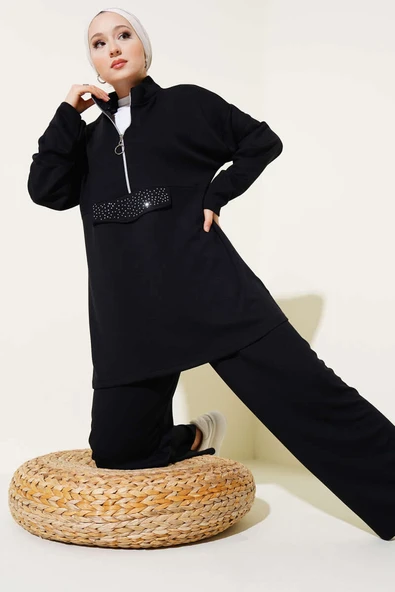 Loyşa Yarım Fermuarlı Taşlı İkili Takım Siyah ürün görseli 1