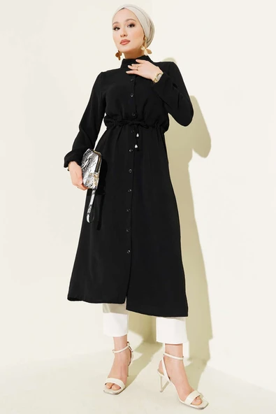 Bel Tünelli Düğmeli Ayrobin Kap Siyah - Resim 2