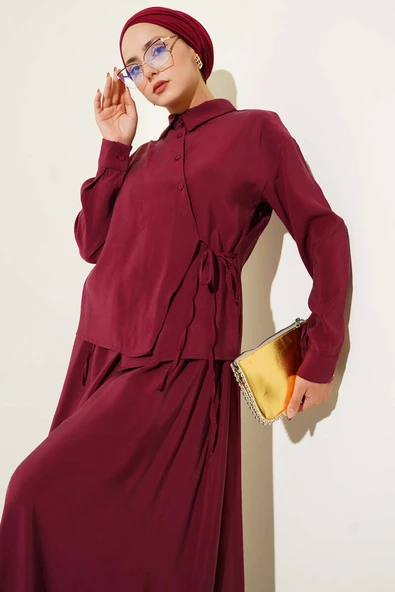 Gömlek Yaka Yandan Bağlamalı Etekli İkili Takım Bordo - Resim 2