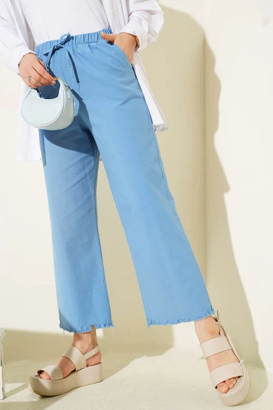 Paça Püsküllü İp Bağcık Detaylı Pantolon Mavi - Resim 2