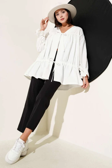 Tünelli Büzgülü Kimono Beyaz - Resim 2