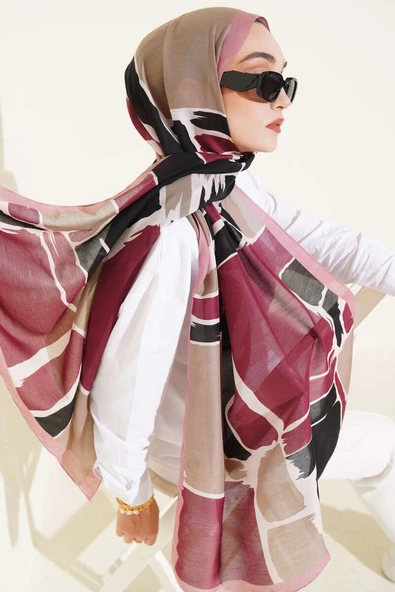 Geometrik Desenli Soft Şal Gül Kurusu ürün görseli 1