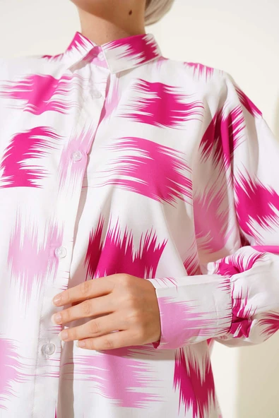 Fırça Desenli Bilek Manşetli Gömlek Fusya - Resim 4