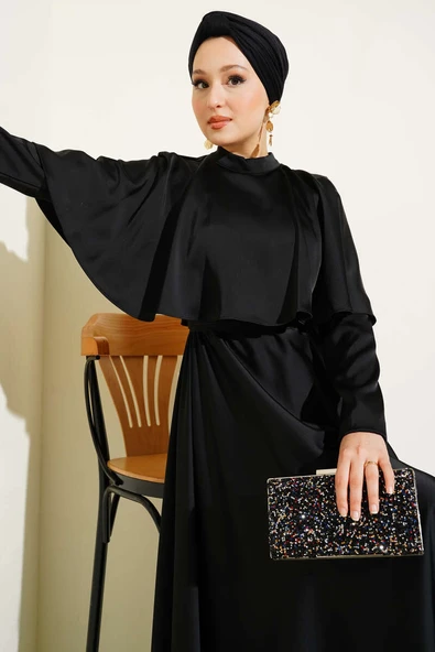 Boleronlu Saten Abiye Elbise Siyah - Resim 2