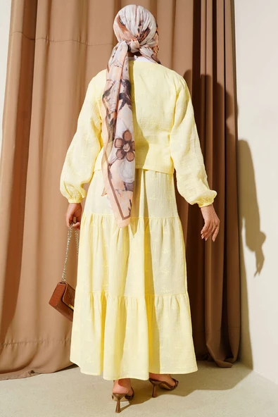 Çiçekli Yaprak Nakışlı Etekli İkili Takım Sarı - Resim 3