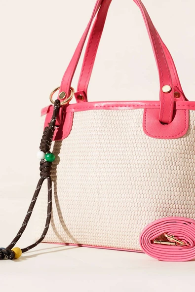 Bağcık Süs Detaylı Hasır Çanta Pembe - Resim 3