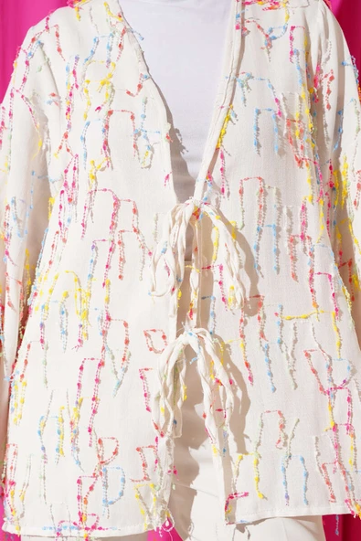 Renkli Püsküllü Bağlamalı Kimono Bej - Resim 4
