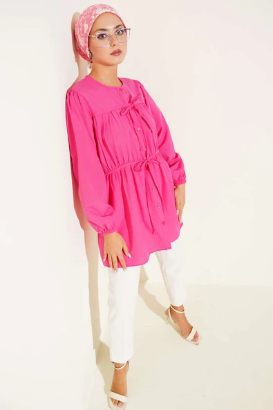 Önü Büzgülü Bağcıklı Gömlek Fuşya ürün görseli 1