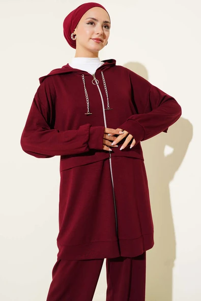 Loyşa Fermuarlı Kapüşonlu İkili Takım Bordo - Resim 2
