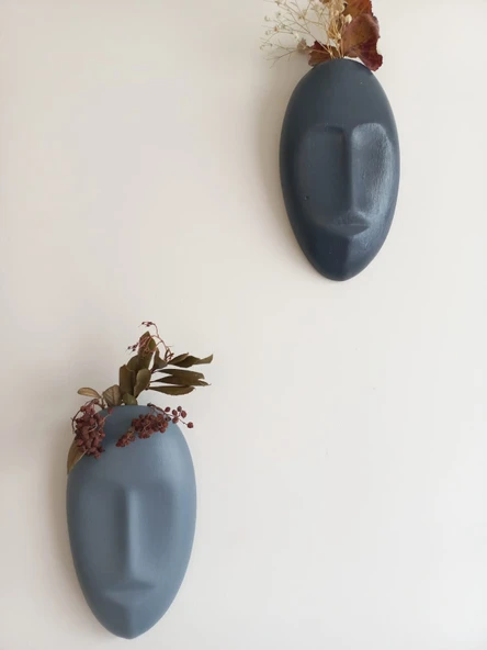 Dekoratif 2'li Yüz Duvar Vazosu, Duvar Süsü ,Heykel Aksesuar Antrasit Gri maske - Resim 3