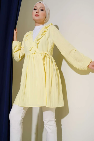 Yaka Fırfırlı Kabartma Çizgili Kimono Sarı ürün görseli 1