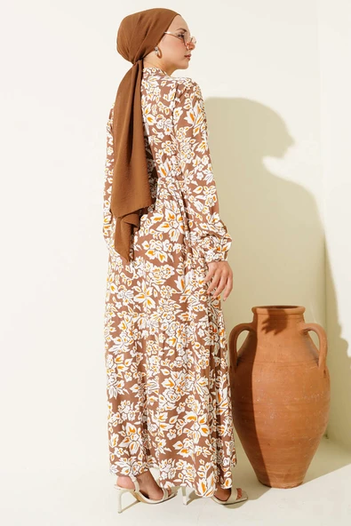 Hakim Yaka Bel Tünelli Desenli Elbise Kahve - Resim 3