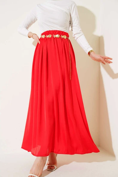 Beli Lastikli Saten Kloş Etek Kırmızı ürün görseli 1