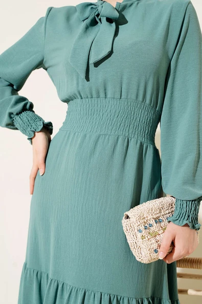 Önden Bağlama Detaylı Lastikli Elbise Çağla Yeşili - Resim 4