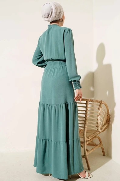 Önden Bağlama Detaylı Lastikli Elbise Çağla Yeşili - Resim 3