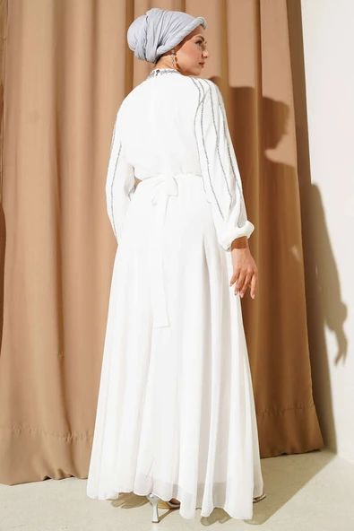 Şifon Kolları Taşlı Abiye Elbise Beyaz - Resim 3