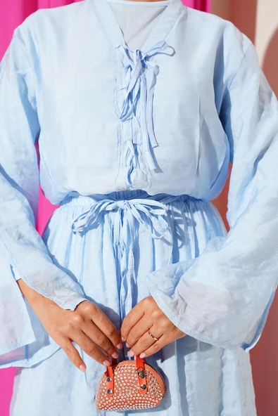 Yaka İp Bağlamalı Etekli Üçlü Takım Mavi - Resim 4