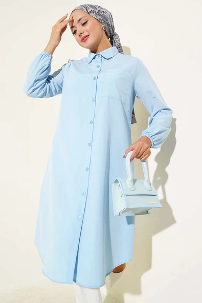 Gömlek Yaka Tek Cepli Uzun Gömlek Bebe Mavi ürün görseli 1