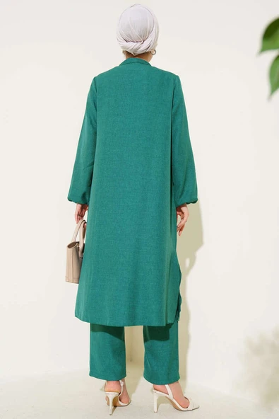 Önü Taş Detaylı Uzun Tunik İkili Takım Zümrüt - Resim 3