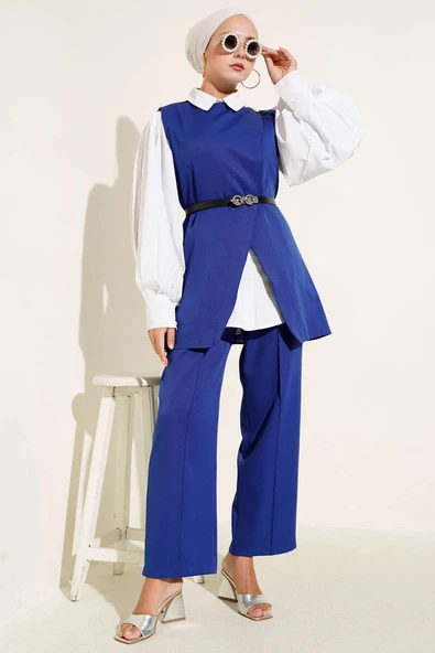 Kemerli Omuz Düğmeli Yelek İkili Takım Saks - Resim 2