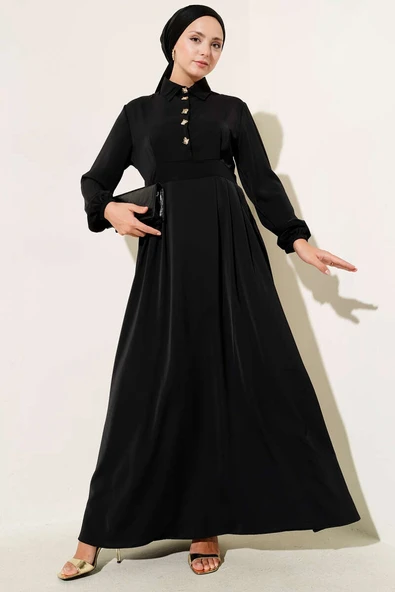 Gold Düğme Detaylı Elbise Siyah