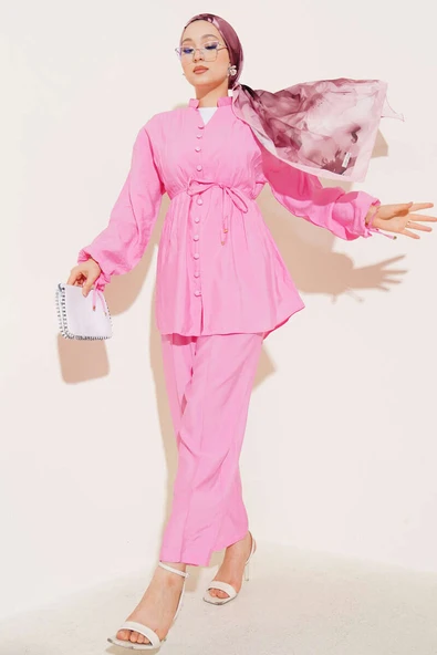 Hakim Yaka Brit Düğmeli İkili Takım Pembe ürün görseli 1