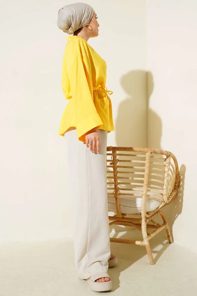 Çift Cepli İp Bağlamalı Kimono Sarı - Resim 3