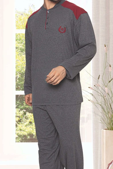 Garnili Uzun Kol Büyük Beden Pijama Takım Füme - Resim 2