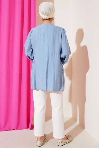 Önü Büzgülü Bilekleri Lastikli Kimono Mavi - Resim 3