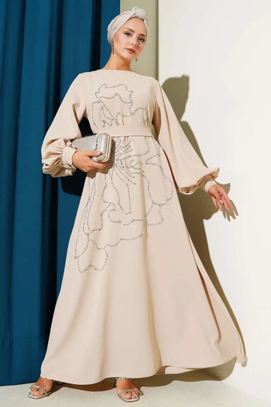 Çiçek Taş Süslemeli Abiye Elbise Bej - Resim 2