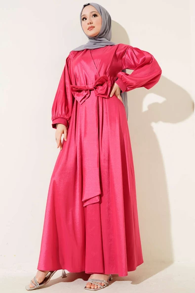 Kurdele Kuşaklı Abiye Elbise Fuşya - Resim 2