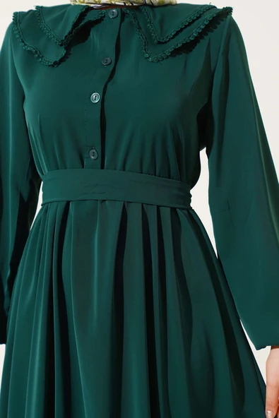 Çift Bebe Yaka Kuşaklı Elbise Zümrüt - Resim 4
