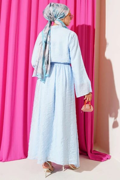 Yaka İp Bağlamalı Etekli Üçlü Takım Mavi - Resim 3