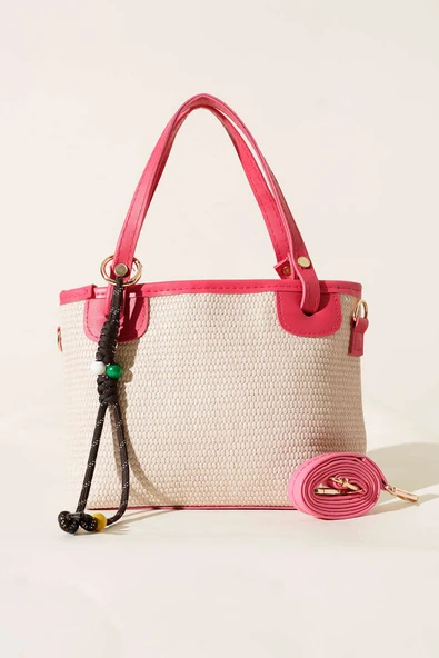 Bağcık Süs Detaylı Hasır Çanta Pembe - Resim 2