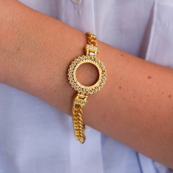 Altın Kaplama İmitasyon Zirkon Taşlı İşlemeli Zincir Çeyrek Çerçeve Bileklik BLK-1170 - Resim 2
