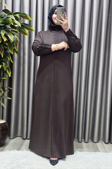 Kadın Giyim Büyük Beden Kolu Nevrür Taşlı Çimalı Elbise - Resim 7