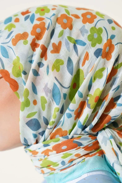 Çiçek Desen Bambu Kraş Eşarp Turkuaz - Resim 4